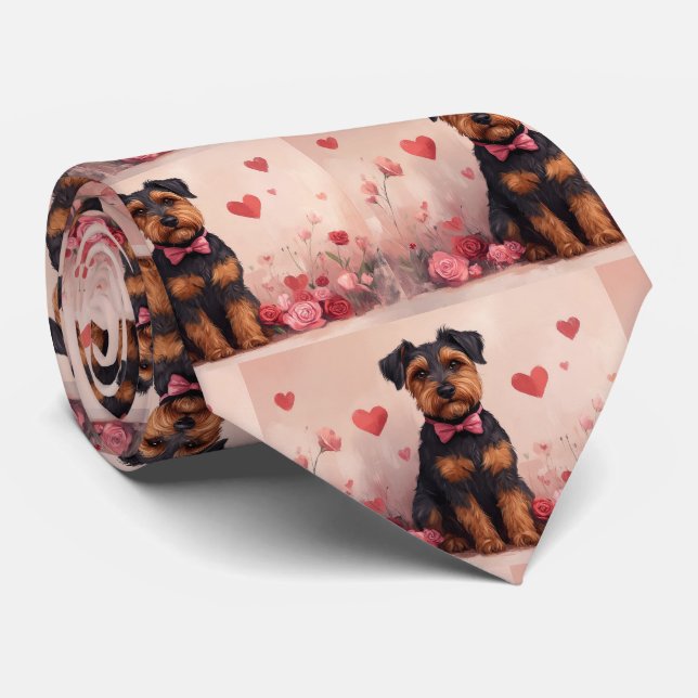 Cravate Airedale avec Rose - Saint Valentin (Roulé)