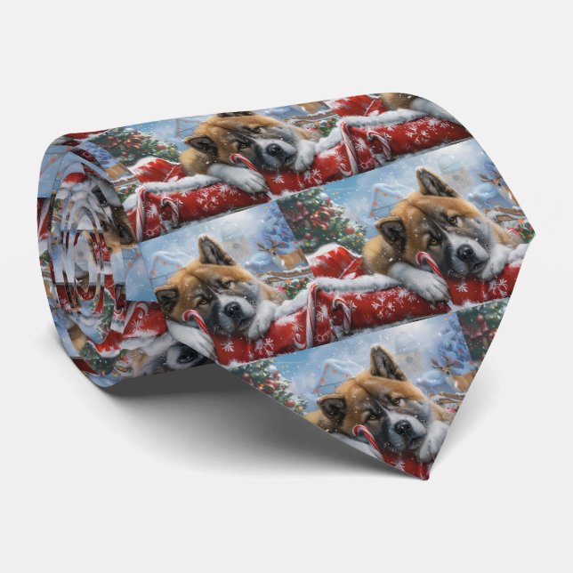 Cravate Akita Chien Festive de Noël (Roulé)