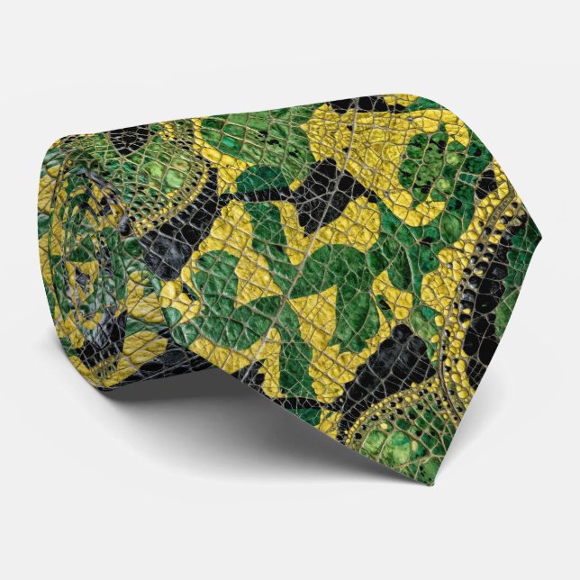 Cravate Alligator Crocodile Dragon Cuir Vert Jaune (Roulé)