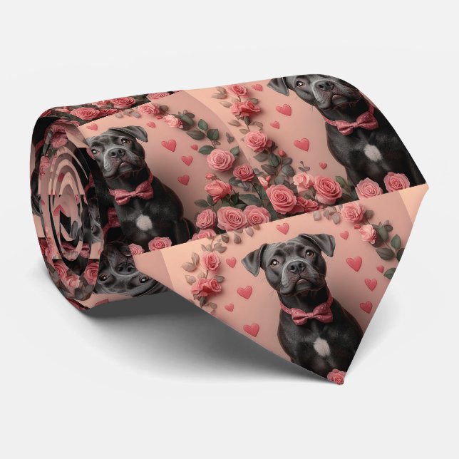Cravate American Staffordshire avec Roses - Saint-Valentin (Roulé)