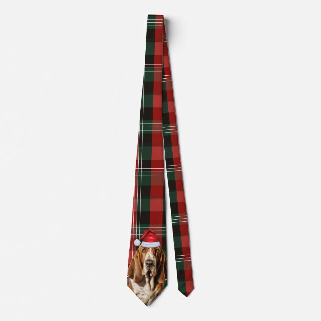 Cravate Amoureux des chiens Basset Hound Rouge Vert Plaid  (Devant)