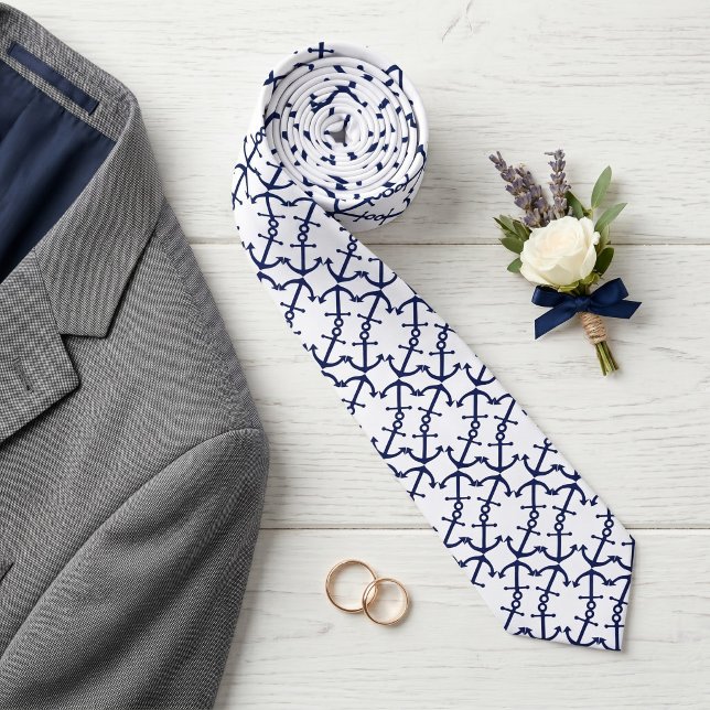 Cravate Amusant motif d'ancre bleu foncé sur fond blanc (Créateur téléchargé)