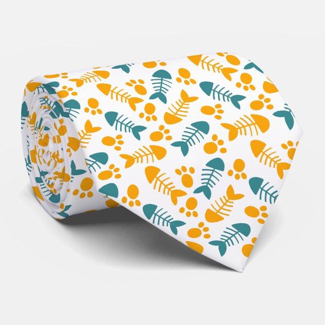 Cravate Amusants, Cute Cat Paw et Motif d'os de poisson (Roulé)