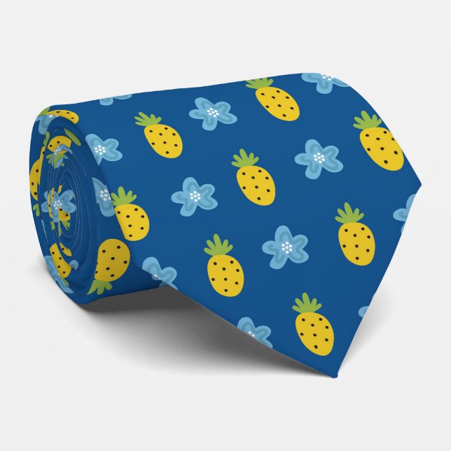 Cravate Ananas et bleu Floral Motif tropical bleu (Roulé)