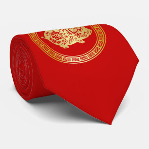Cravate Année rouge d'or fleurie de Papercut du porc