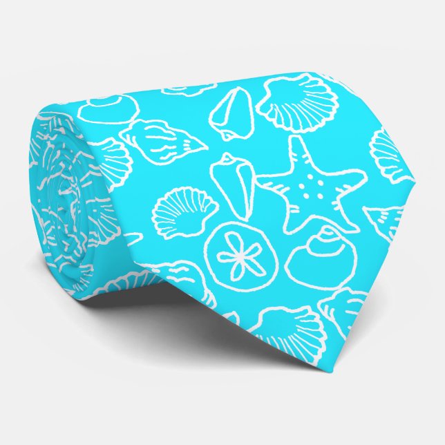 Cravate Aqua Blue Seashell Motif Tropical Groom (Roulé)