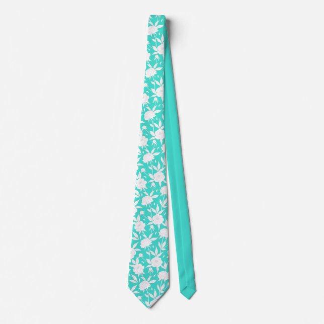 Cravate Aqua et blanc Mariage à motifs floraux (Devant)