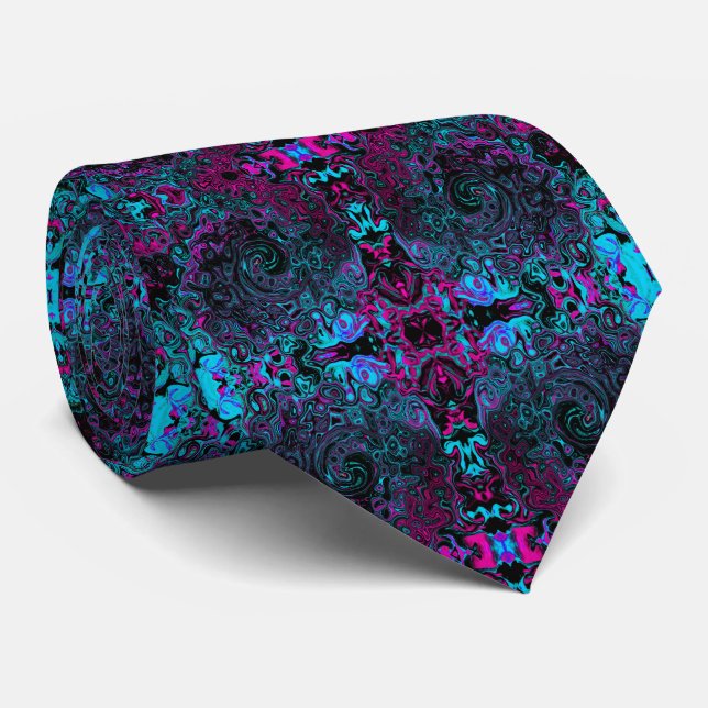 Cravate Aqua Magenta et Abstrait noir (Roulé)