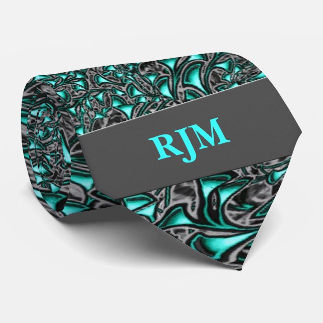 Cravate Aqua Marine et Charcoal Paisley avec Monogramme (Roulé)