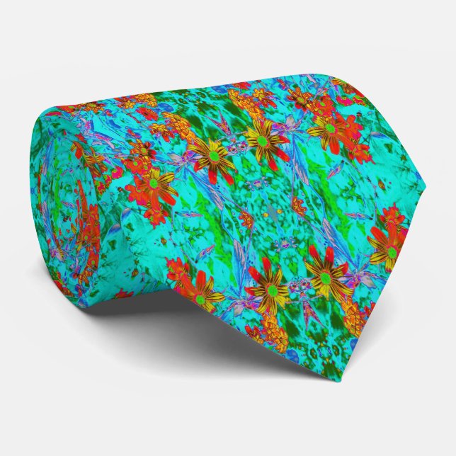 Cravate Aqua Tropical avec Fleurs Jaunes et Orange (Roulé)