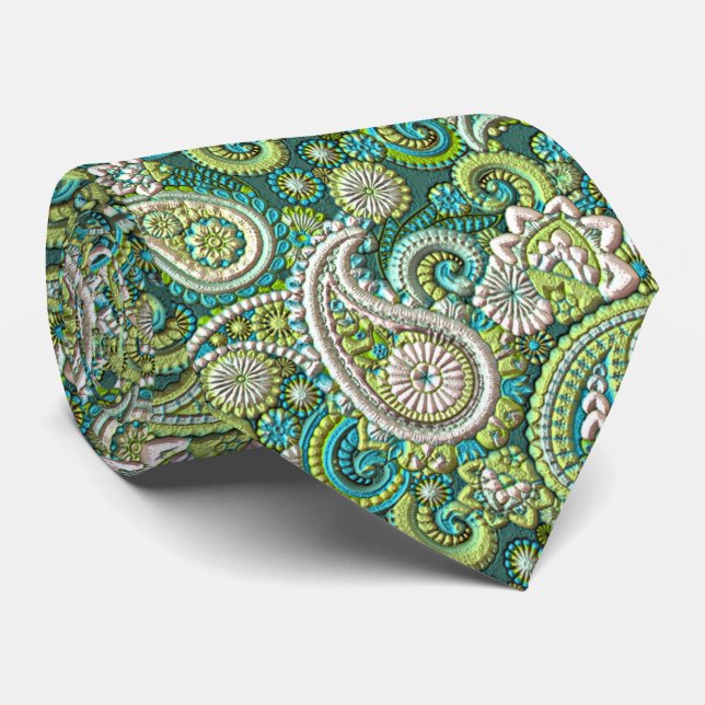 Cravate Aqua Turquoise Lime Vert Paisley Motif Floral (Roulé)