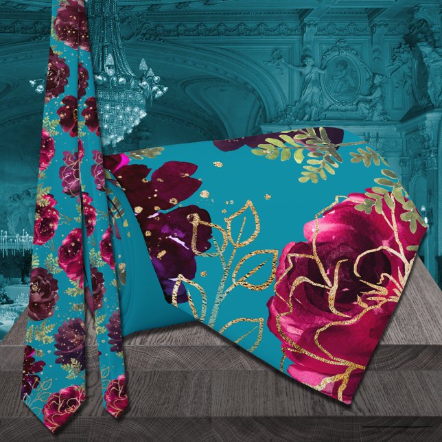 Cravate Aqua Turquoise Merlot Jewel Tone Mariage or (Aqua Teal Merlot Jewel Tone Gold Wedding Neck Tie)