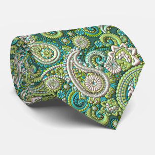 Cravate Aqua Turquoise Vert Lime Motif Floral Paisley