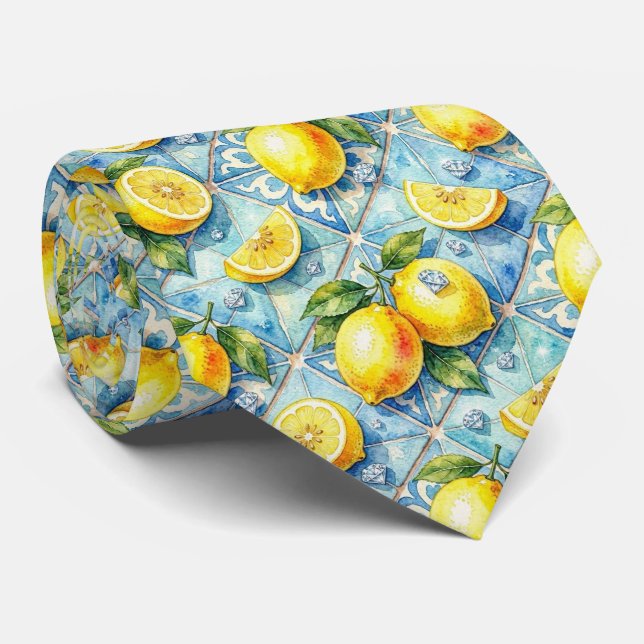 Cravate Aquarelle Amalfi Citron Méditerranée Diamants (Roulé)