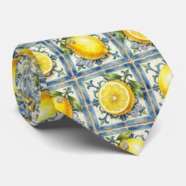 Cravate Aquarelle Amalfi Citron Méditerranée Diamants  (Roulé)