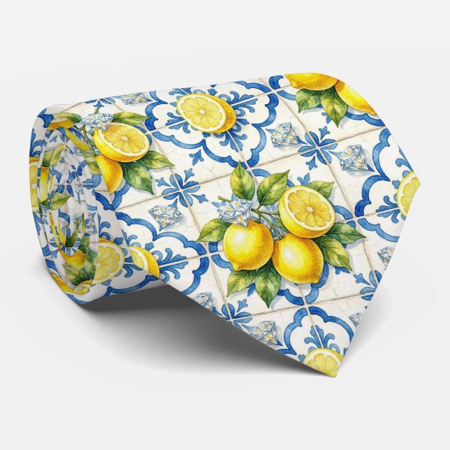 Cravate Aquarelle Amalfi Citron Méditerranée Diamants  (Roulé)