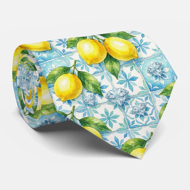 Cravate Aquarelle Amalfi Citron Méditerranée Diamants  (Roulé)