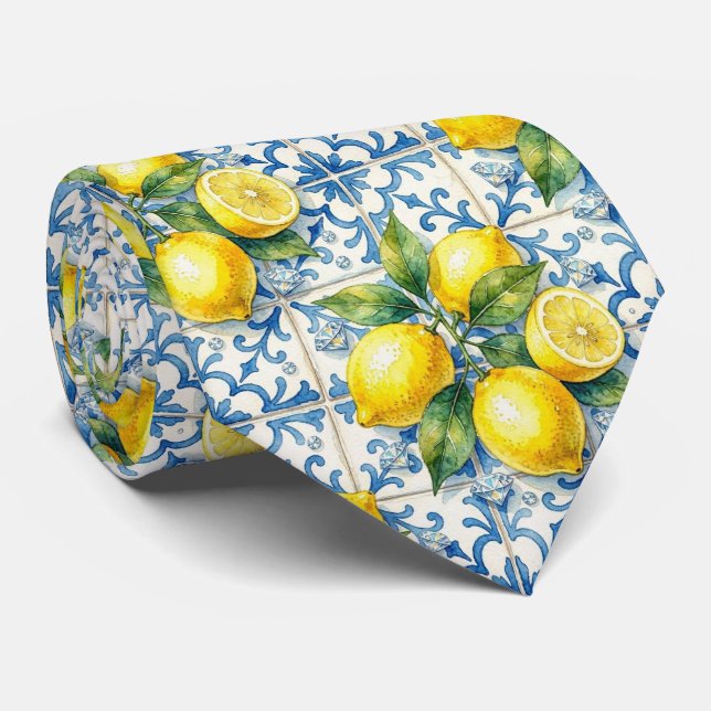 Cravate Aquarelle Amalfi Citron Méditerranée Diamants  (Roulé)