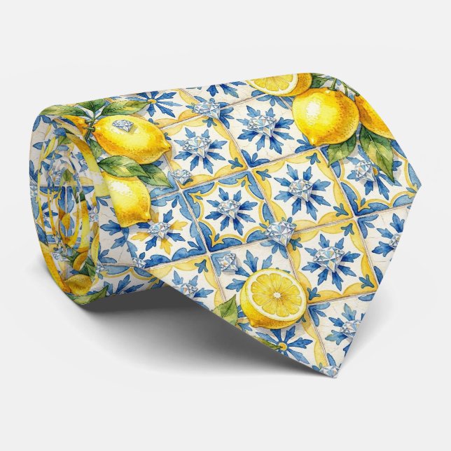 Cravate Aquarelle Amalfi Citron Méditerranée Diamants  (Roulé)