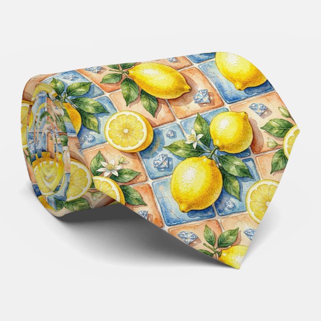 Cravate Aquarelle Amalfi Citron Méditerranée Diamants  (Roulé)
