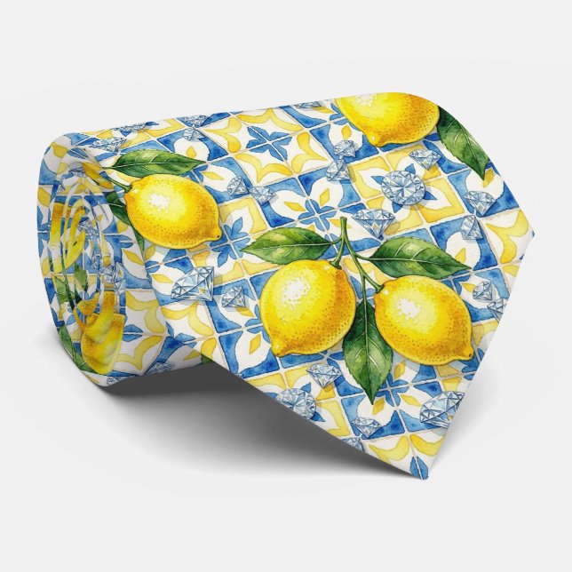 Cravate Aquarelle Amalfi Citron Méditerranée Diamants  (Roulé)