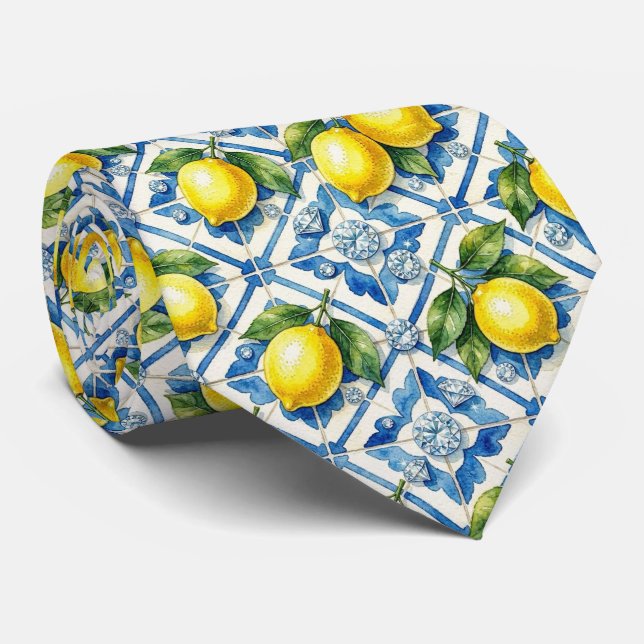 Cravate Aquarelle Amalfi Citron Méditerranée Diamants  (Roulé)