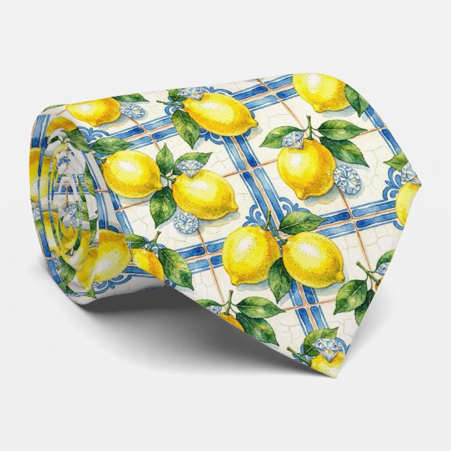 Cravate Aquarelle Amalfi Citron Méditerranée Diamants  (Roulé)