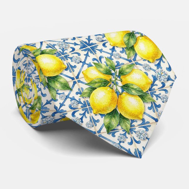 Cravate Aquarelle Amalfi Citron Méditerranée Diamants  (Roulé)