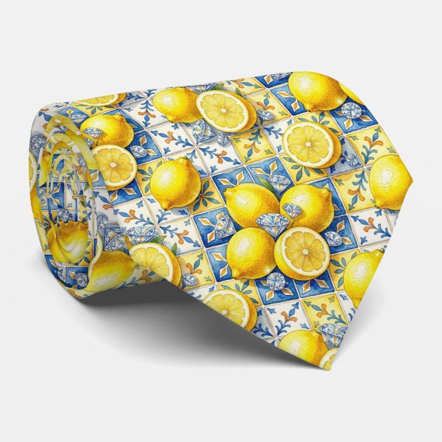 Cravate Aquarelle Amalfi Citron Méditerranée Diamants  (Roulé)