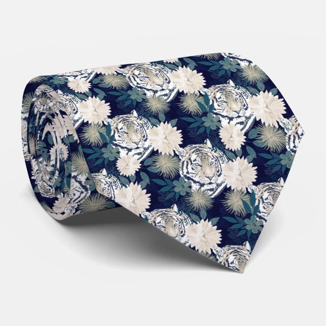 Cravate Aquarelle animale Tigre tendance Flore bleu Design (Roulé)