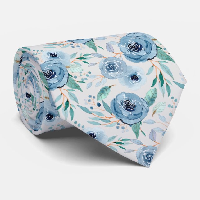 Cravate Aquarelle bleu clair gris foncé Motif floral (Roulé)