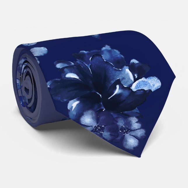 Cravate Aquarelle bleu marine profonde Mariage floral (Roulé)