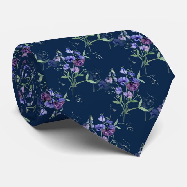 Cravate Aquarelle Bleu Pois doux Jardin Fleur Motif (Roulé)