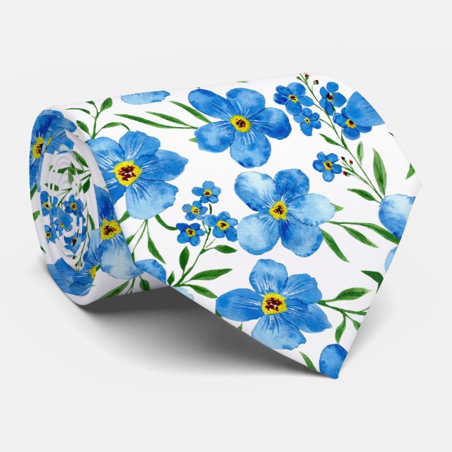 Cravate Aquarelle Bleu Vert motif floral (Roulé)