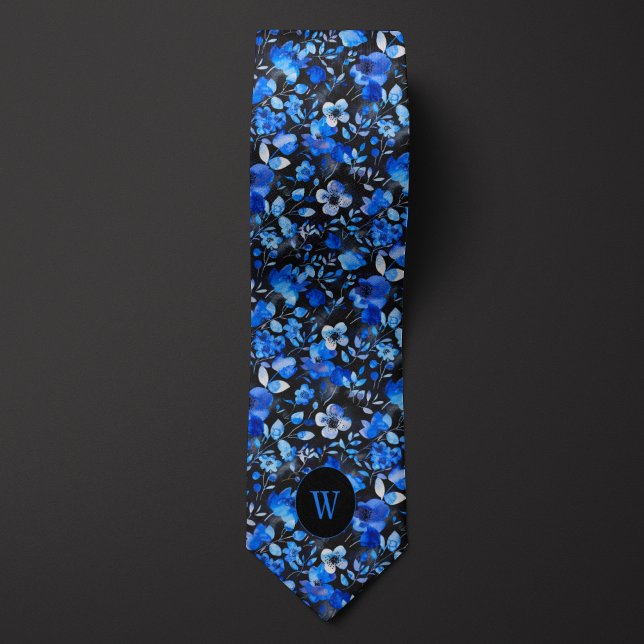 Cravate Aquarelle bleue et noire Monogramme floral (Créateur téléchargé)