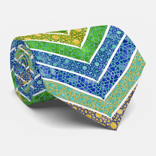 Cravate Aquarelle bleue verte Cuisine marocaine Chevrons (Roulé)