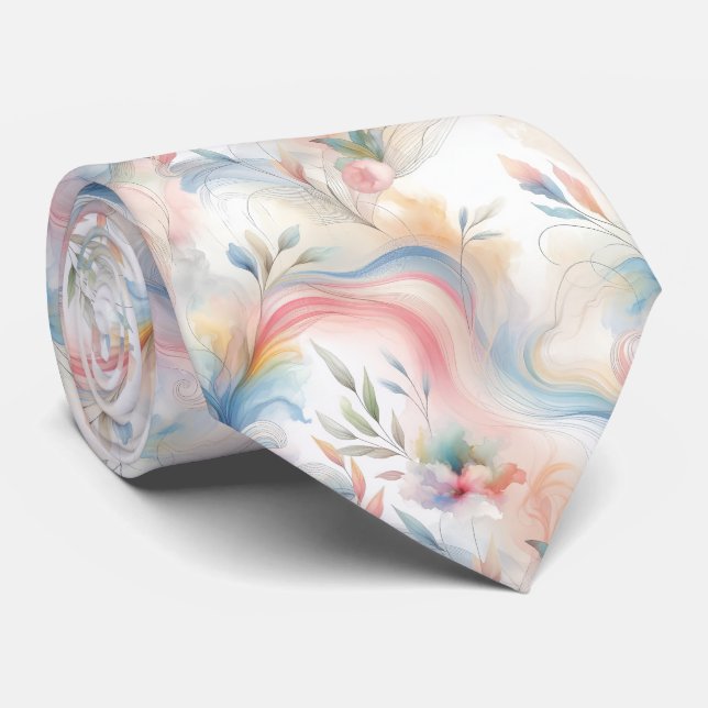 Cravate Aquarelle botanique pastel élégante (Roulé)