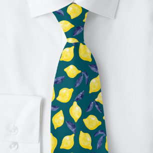 Cravate Aquarelle Citron Motif Citrus Turquoise Vert