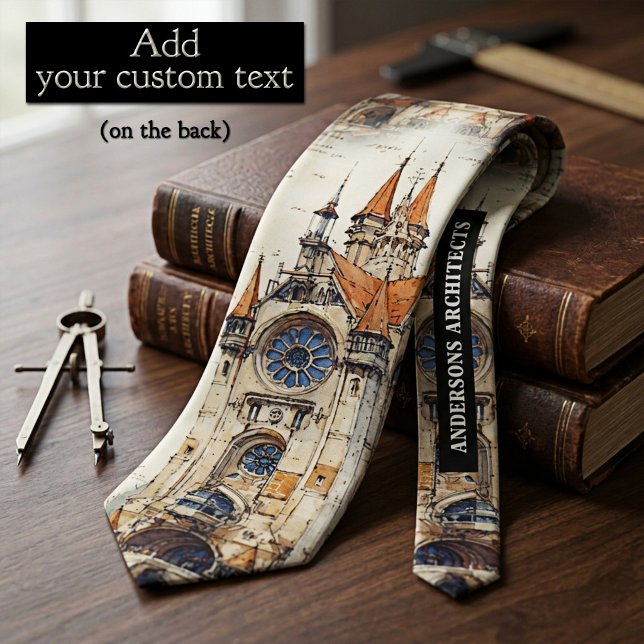 Cravate Aquarelle de croquis architectural vintage (Professional tie featuring a watercolor cathedral designs with custom text - great for architects)