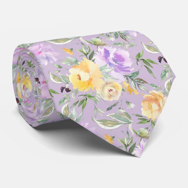 Cravate Aquarelle de lavande jaune et violet Roses Floral (Roulé)