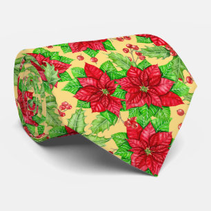Cravate Aquarelle de Poinsettia et de baies sèches