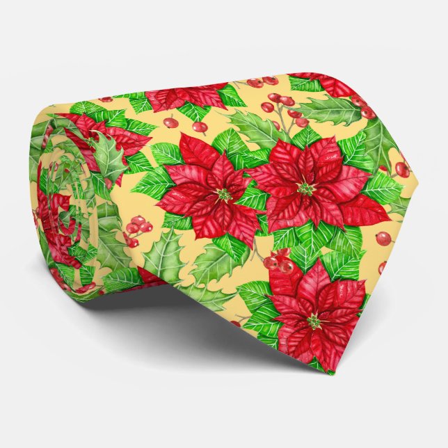 Cravate Aquarelle de Poinsettia et de baies sèches (Roulé)