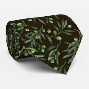 Cravate Aquarelle des branches d'olive en noir