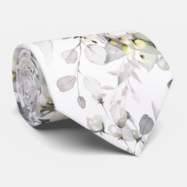 Cravate Aquarelle Elegant Crème Roses+Cravate Eucalyptus (Roulé)