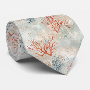 Cravate Aquarelle élégante côtière corail et vagues océani