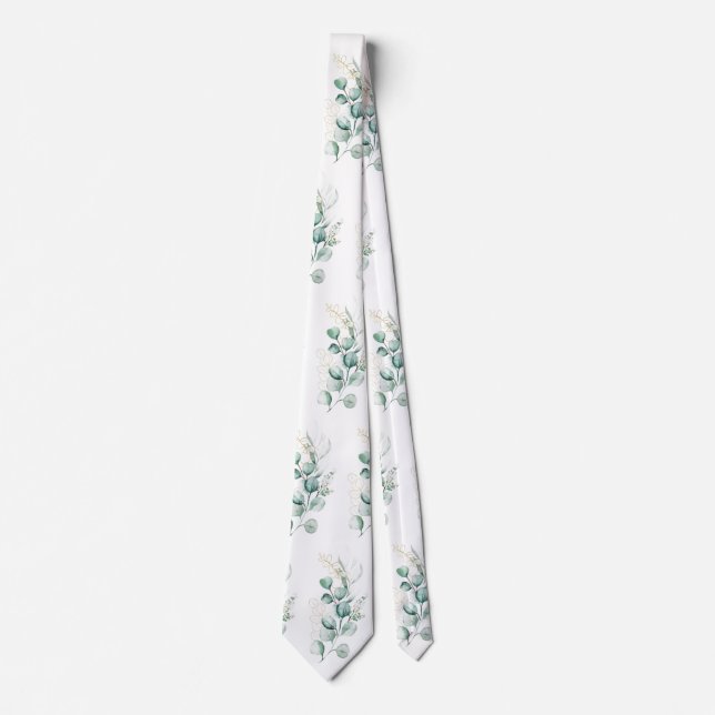 Cravate Aquarelle Eucalyptus Vert Motif Floral (Devant)