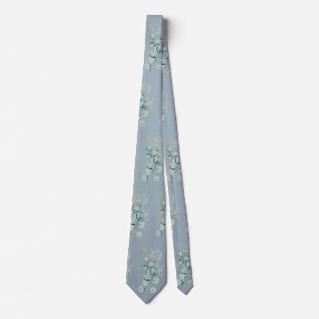 Cravate Aquarelle Eucalyptus Vert Motif Floral Bleu (Devant)