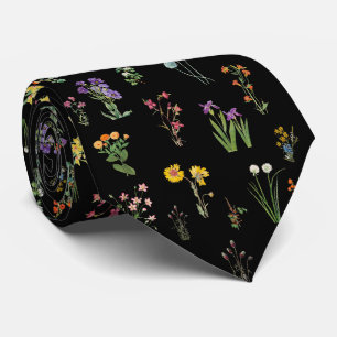 Cravate Aquarelle fleur sauvage Floral botanique noir