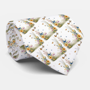 Cravate Aquarelle Fleur sauvage Gris Et Papillons,