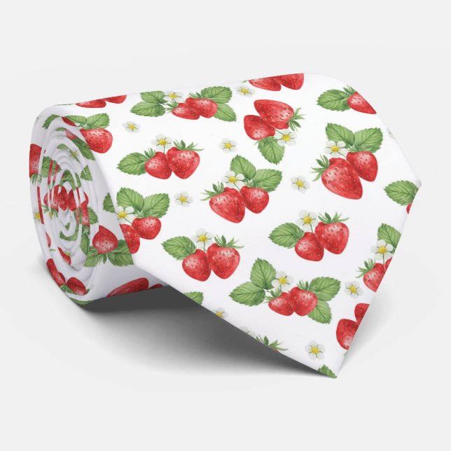 Cravate Aquarelle fraise fruit et fleur (Roulé)
